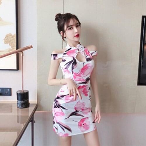 Casual Slim Vintage Print Dress Women 2019 Summer Elegant Sleeveless Sexy Cheongsam Party Mini Dresses Vestidos mujer AIYANGA