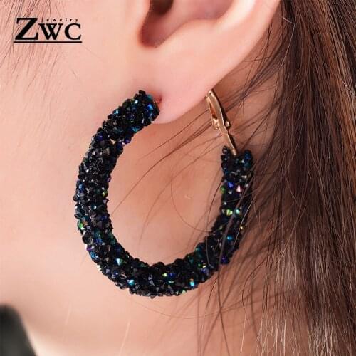 ZWC Luxury Elegant Round Shiny Rhinestone Gold Drop Earrings for Women Party Fashion Classic Crystal Big Earring Jewelry Gift