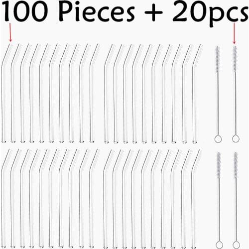 100Pcs Heat-Resisting Glass Straw Reusable Drinking Glass Straws 20cmx8 mm Tea, Juice -10Pack With 20Pcs Cleaning Brush Bar Tool