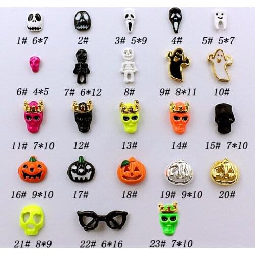 20pcs/pack metal nail art halloween ghost pumpkin skull crown glasses 3d jewelry gel nails sticker decoration art tools