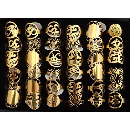 36pcs/lot Gold Color Unibody Design Stainless steel Rings Unique Patterns As Butterfly, Watch Dial, Heart, Etc