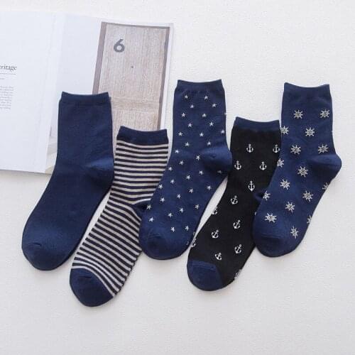 5 Pairs Men Navy Socks Business Socks Stripe Anchor Star Snow Male Autumn Winter Crew Socks Comfortable Cotton Casual Socks
