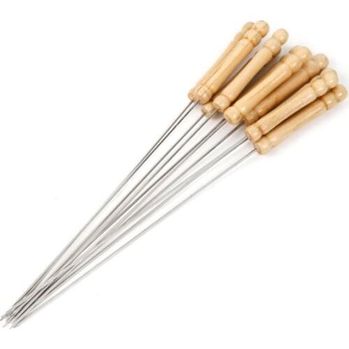 50PCS Round Stainless Steel Wooden Handle BBQ Skewers Reusable Non-Magnetic Barbecue Round Stick Outdoor Camping Picnic BBQ Tool
