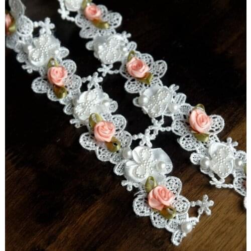 50cm 3D Flowers Pearls Beaded Lace Trim Ribbon Wedding Bridal Dress Sewing Applique Clothes Costume Hat Supplies Pink White DIY