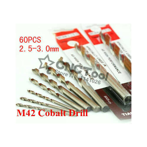 Free shipping 60 pcs 2.5-3.0 mm Cobalt containing high speed steel Co-HSS M42 twist drill bits for metal drilling