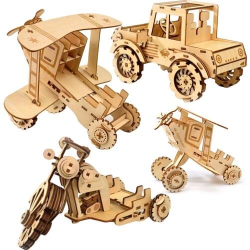 Wooden Puzzles DIY Assembly 3D Plane Car fighter off-road vehicle Model Education Kid Toy Table Decor