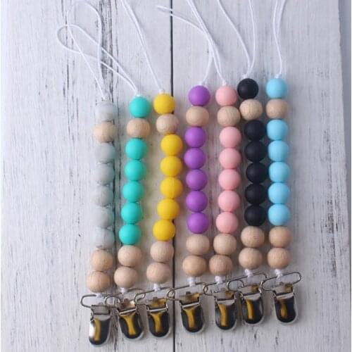 Baby Pacifier Chain Toy Gifts Wholesale Safe Silicone Wood Solid Color Beaded Appease Infants Products Silicone Nipple Clip