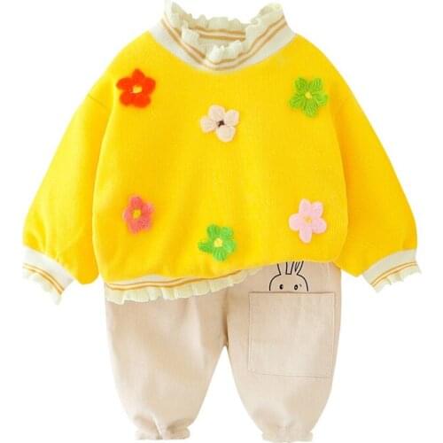 Childrens suit spring and autumn girls western style curled embroidered flower sweater + cartoon trousers two-piece suit