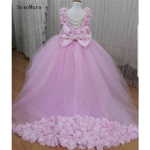 Pink 3d flowers tulle baby girl birthday dress with bow kids clothes with pearls 6m 9m 12m 24m