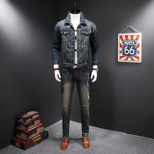 Top Quality Fashion Casual Mens Two Piece Outfits Embrodidery Vintage Jeans Coat Hole Ripped Slim Fit Full Length Denim Pants