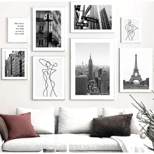 Paris Eiffel Tower Sign Black White Line Wall Art Canvas Painting Nordic Posters And Prints Wall Pictures For Living Room Decor
