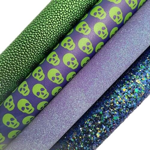 Purple Glitter leather, Skulls Printed synthetic leather, Caviars Faux Leather Sheets For Bow A4 21x29CM Twinkling Ming KM645