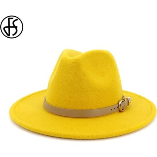 FS Fashion Men Women Wide Brim Wool Felt Jazz Hats British Trilby Party Formal Panama Fedora Cap Black Yellow Hat
