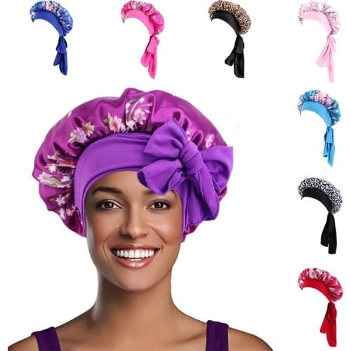 Hot Sale Silk Stain Hair Cap For Sleeping High Stretch Wide-Brimmed Night Hat Satin Ribbon Round Turban Shower Bonnet Hair Care