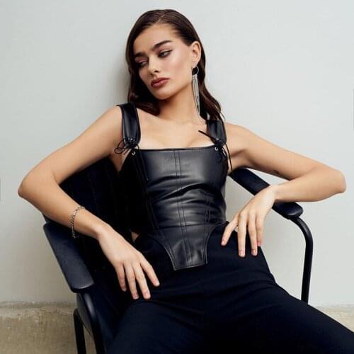 Imcute Black PU Leather Camis 2021 Women Tube Top Bandage PU Leather Tied Sling Slim Fashion Sleeveless Party Sexy Tank Vest