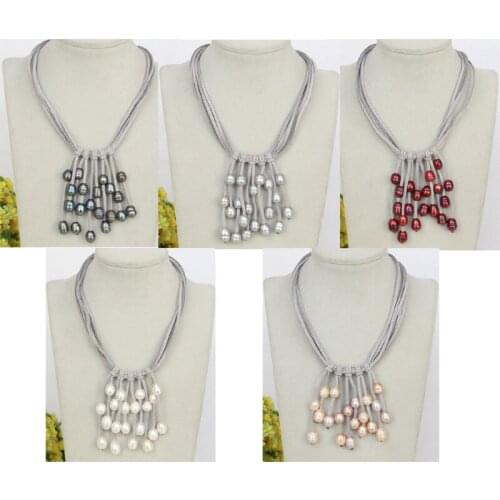 JQHS 16" 5row 13mm rice Baroque pink white black purple wine red pearl beads gray leather necklace j11259-3