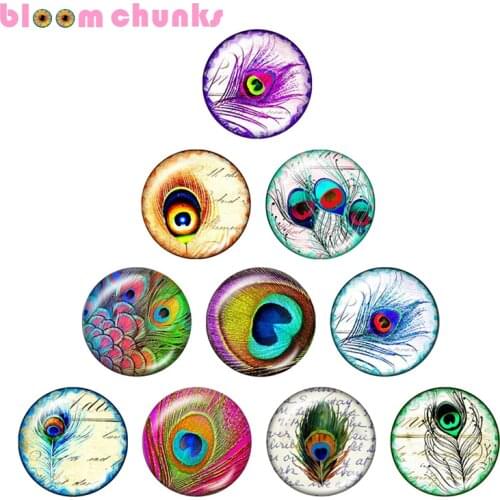 Peacock feather pattern 12mm/18mm/20mm/25mm Round glass cabochon flat back Making snap button jewelry S3586