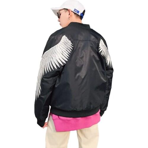 Spring Street trendy Mens Clothing MA1 Bomber jacket White Gold wings Embroidery Loose Coat Youth male Outerwear