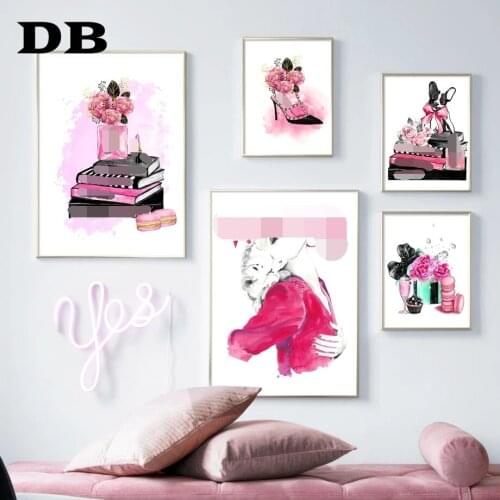 Fashion Girl Book High Heels Dog Champagne Wall Art Canvas Painting Nordic Posters And Prints Wall Pictures For Living Decor