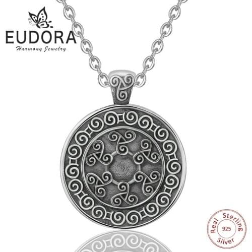 EUDORA Sterling Sliver Coin Pendant Necklace Tree of life Oxidized Sliver Pendant Fine Jewelry Triple Helix Celtics Knot Collier