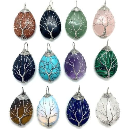 Natural Stone Charm Agate Green Aventurine Drop-shaped Pendant Winding Peace Tree Jewelry Making DIY Necklace Bracelet 45x25mm