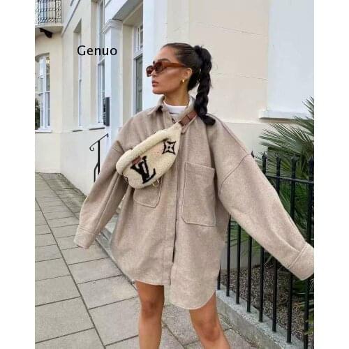 Casual Woman Camel Loose Pocket Woolen Shirt 2021 Fashion Ladies Autumn Long Sleeve Thick Blouse Coat Female Long Outwear