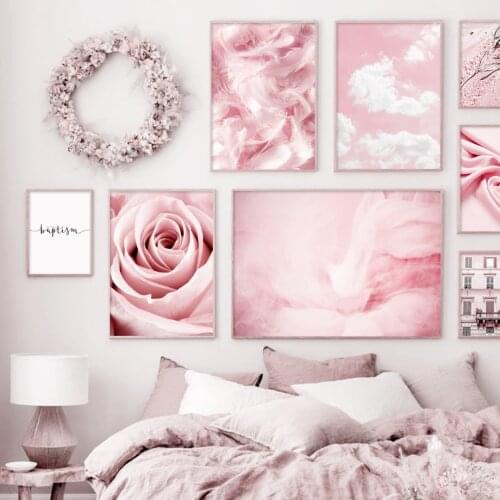 Pink Building Feather Flower Landscape Wall Art Canvas Painting Nordic Posters And Prints Wall Pictures For Living Room Decor