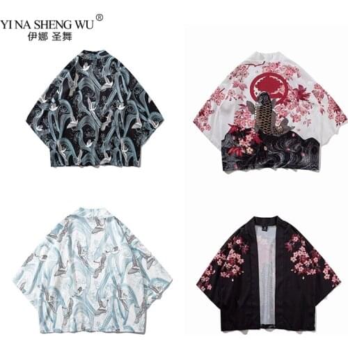 Samurai Crane Japanese Style Kimono Haori Men Women Cardigan Chinese Fish Traditional Japanese Clothing Asian Clothes Jacket