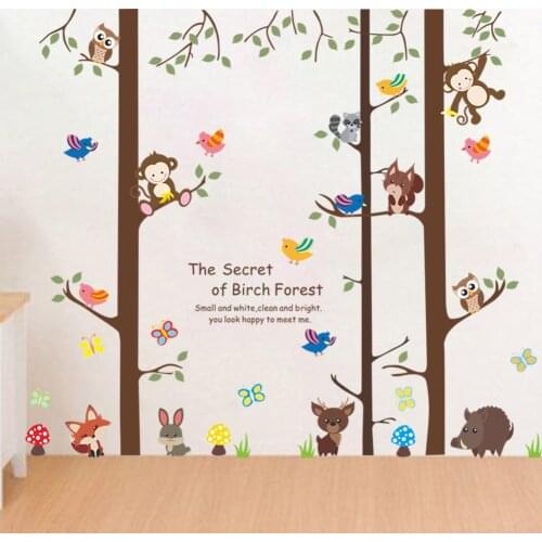 Happily Animals In Birch Forest Wall Stickers For Kids Rooms Home Decor Cartoon Owl Monkey Wall Decals Diy Mural Art Pvc Poster