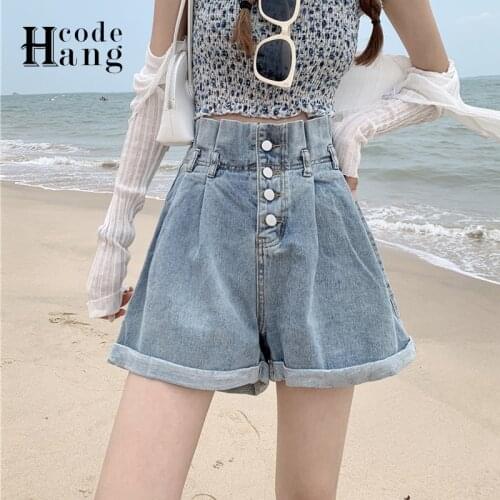 HangCode Summer Women Fashion Denim Shorts Four Buttons High Waist Casual Loose Crimping Jeans Shorts Chic Korean Girl Bottoms