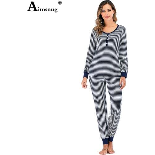 Aimsnug Striped Tracksuit Women Autumn New Long Sleeve Tops And Pants Sets Home Two Piece Ladies Patchwork Buttons 2Pcs Sets