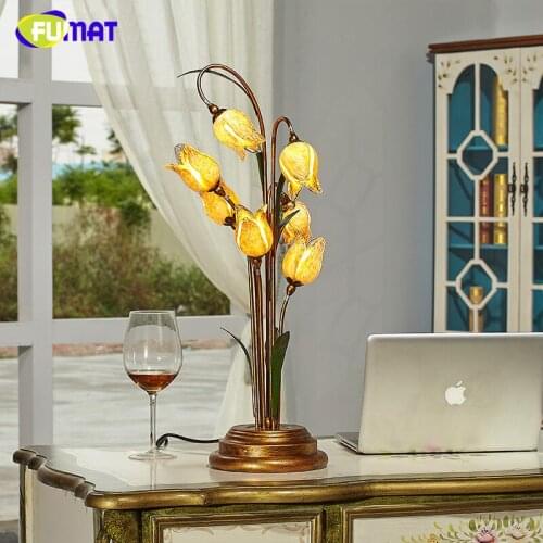 FUMAT Glass Table Lamp Brief Creative Fashion Bedside Flower Shade Lamp Art Decor Pastoral American Style LED Table Lights
