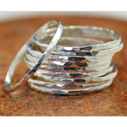 Stylish ultra-thin 925 Sterling Silver Stackable Rings 14K Hammer Rring Size 6-10