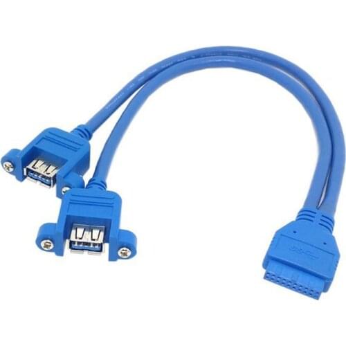 USB 3.0 Dual Ports Female Screw Mount Type to Motherboard 20pin Header Cable Blue 20cm/0.2m 50cm/0.5m