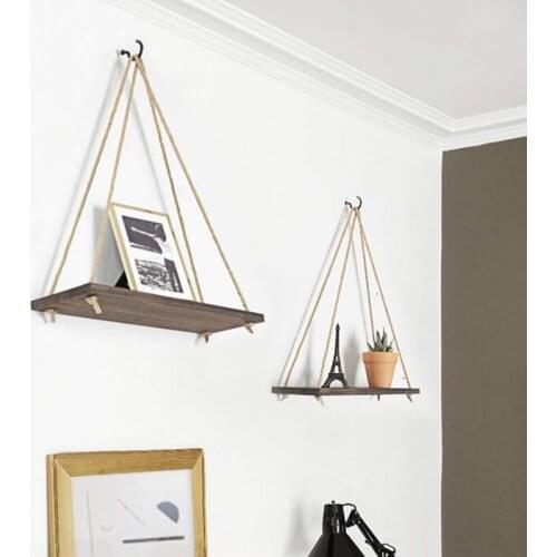 Hanging Wooden Plant Shelf Small Household Parts Storage Rack Wall Rope Hanging Shelf Bedroom Living Room Office Decoration