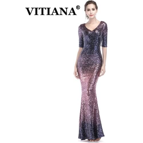 VITIANA Women Deep V-Neck Sexy Party Dress Female Sequined Host Elegant Long Dresses Femme Slim Noble Night Banquet Vestidos