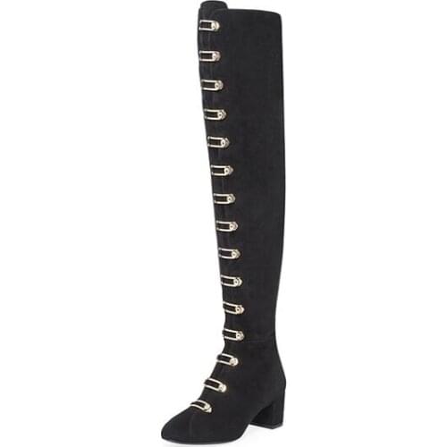 Big Size 13 New Womens Over-the-Knee Boots Buckle-Embellished Suede Boots High Quality Black Turnlock Buckle Boots
