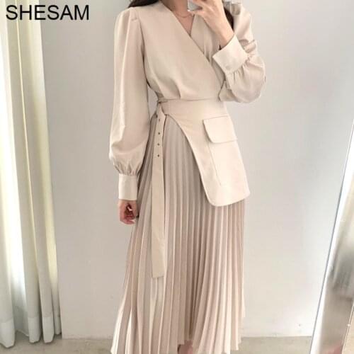 Korean Chic Minority Temperament Two Piece Set Women V-neck Cross Belt Decorative Stitching Design Fake Pleated Skirt