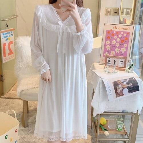 Fairy Night Dress Women Long Sleeve White Mesh Modal Romantic Victorian Vintage Nightgown Lace Peignoir Girl Kawaii Lolita Dress