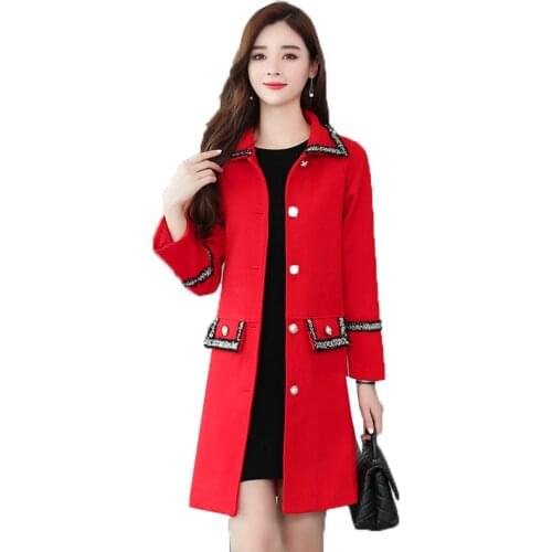 Red Black Woolen Coat Female Fashion Medium Long Large Size Single-Breasted Blended Woolen Spring Autumn Coat Outerwear Tops 4XL