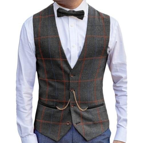 Mens Vintage Plaid Suit Vest Tweed Wool Classic V Neck Waistcoat for Groomsmen for Wedding