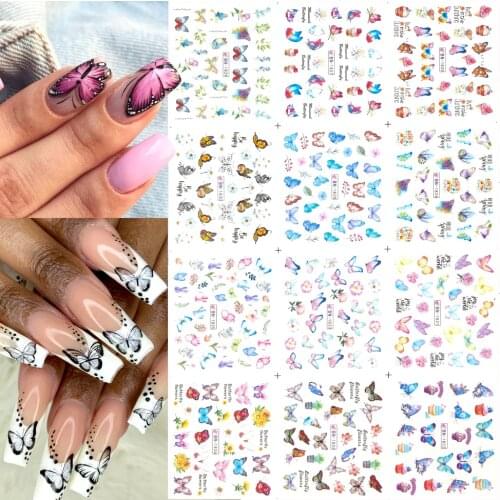 12 styles summer Gradient Watercolor Butterflies Sliders Flower Water Transfer Nail Art Decal Sticker For Nail Decoration Tattoo