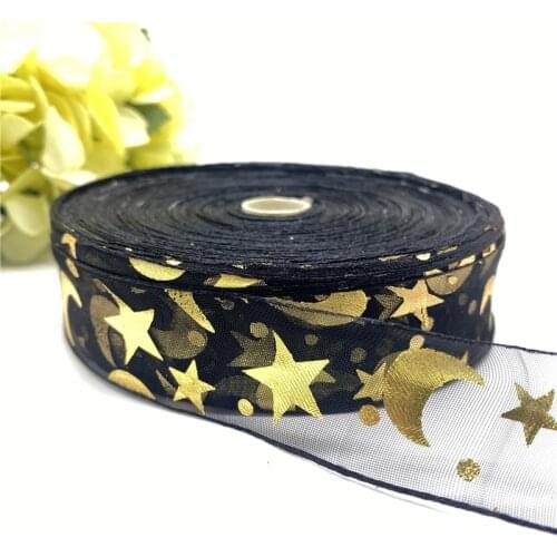 5Yardsl 25mm Transparent Gauze Ribbon Star Moon Printing Pattern Gift Packaging Christmas Ribbon DIY Handmade Accessories #02