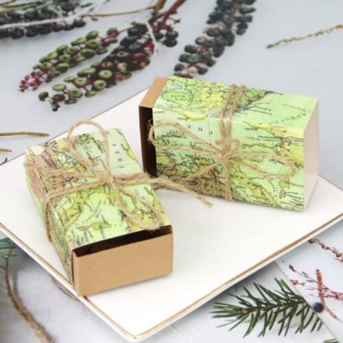 50pcs World Map Kraft Paper Box Drawer Candy Boxes Gift Boxes With String Travel Themed Wedding Birthday Party Christmas Decor