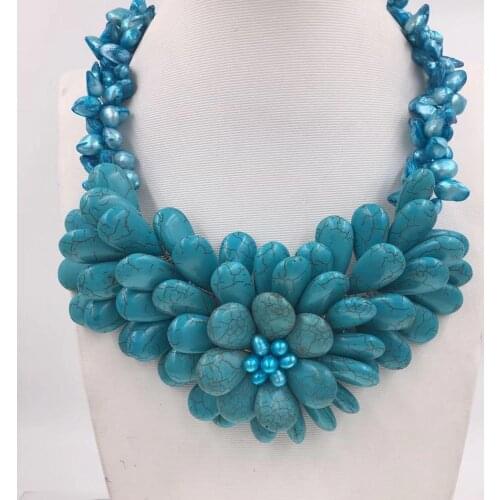 Turquoise green flower freshwater pearl baroque 19inch necklace FPPJ wholesale beads nature