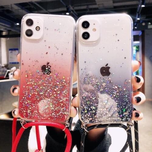 Phone Case For iPhone 12 Soft TPU Gradient Glitter Lanyard Silicone Cover For iPhone A2172 A2402 A2403 A2404