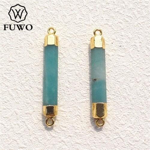 FUWO Wholesale Womens Amazonite Hexagonal Column Pendant With Gold Color Plated Green Semi Precious Stone Connector PD088