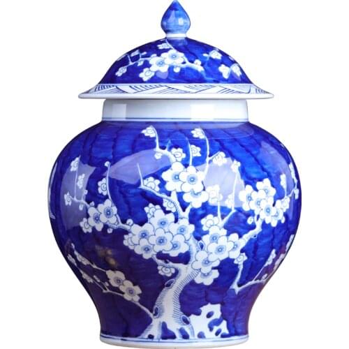 Chinese Style Antique Blue And White General Jar Ceramic Tea Pot Plum Blossom Ornament Storage Tank Jingdezhen Porcelain Crafts