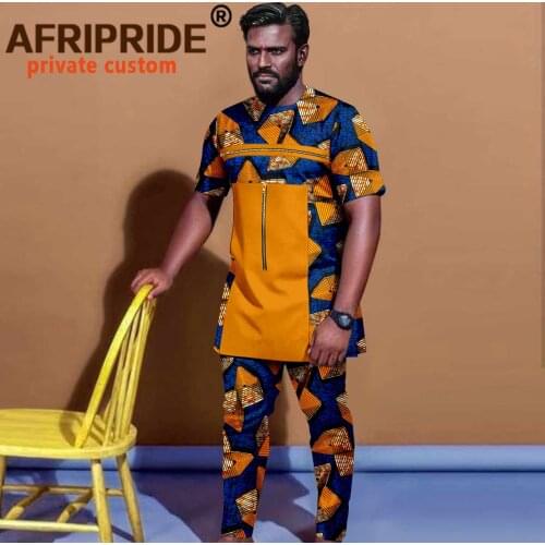 African Clothing for Men Print Shirt and Trousers 2 Piece Set Plus Size Casual Blouse Crop Top Traditional Outfits A2116007