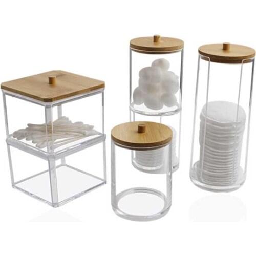 Cosmetics Jewelry Bathroom Q-Tip Container with Bamboo Lid Makeup Cotton Pad Organizer Storage Box For Swabs Rod Home Organizer